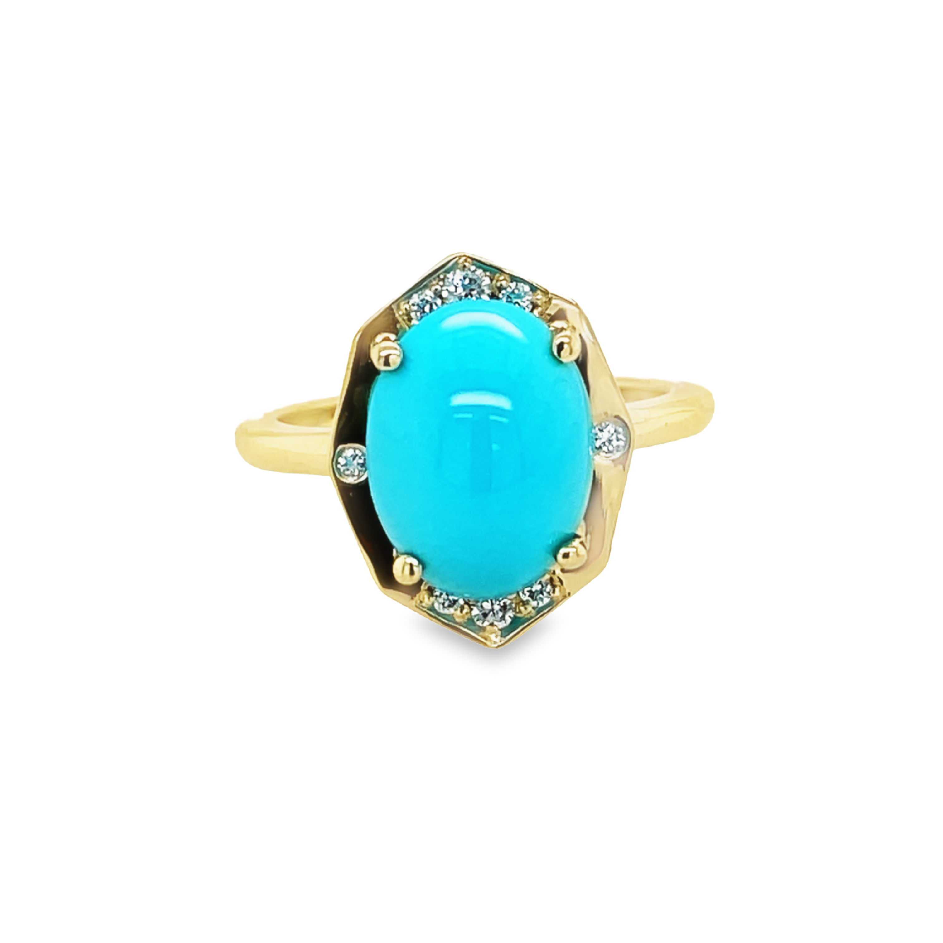 A beautiful statement piece, this 14k yellow gold ring features a stunning turquoise cabochon center, surrounded by round diamonds. A perfect combination of classic styling and modern elegance.