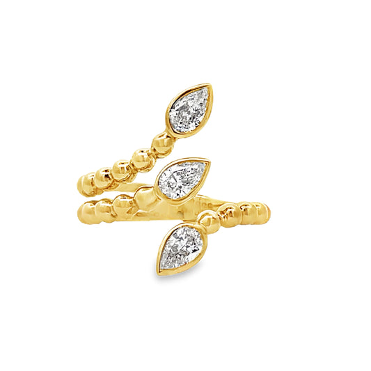 Front view of 18k Yellow Gold Triple Pear Shape Layered Diamond Wrap Ring