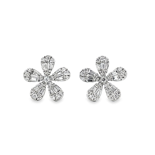 Front view of 18K White Gold Small Five Petal Flower Diamond Stud Earrings 0.58 cts