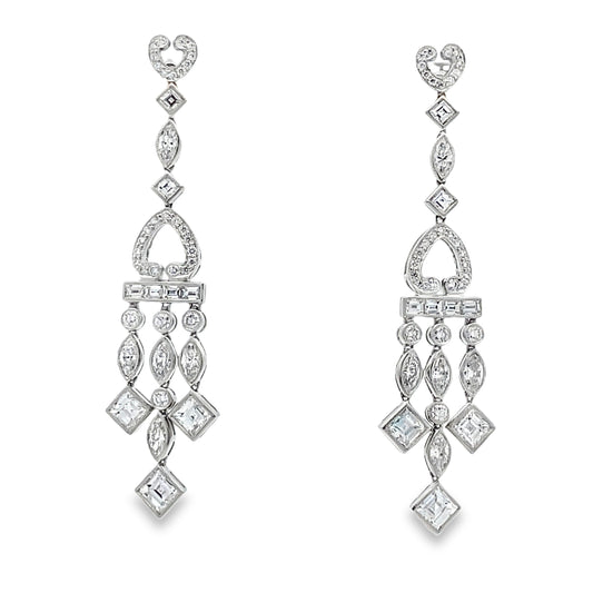 Front view of estate Raymond C. Yard 18k White Gold Art Deco Mixed Cut Diamond Chandelier Earrings 7.00 cts