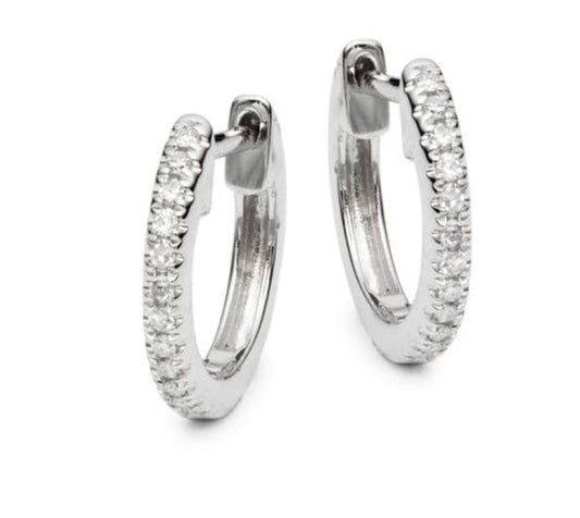 14K Small White Gold Diamond Huggie Earrings Oval Shape 0.23 cts Side view