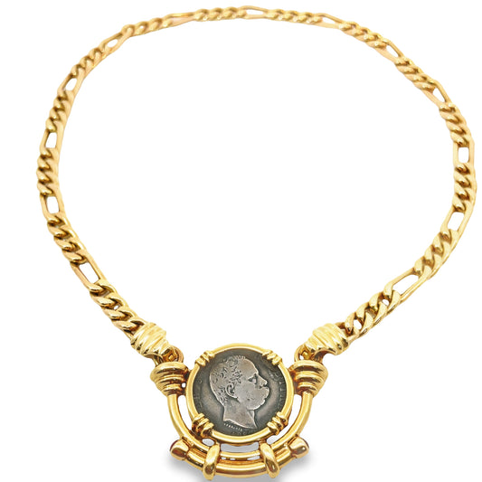 Front view of Estate Jewelry 1887 Italian Coin Pendant Yellow Gold Necklace
