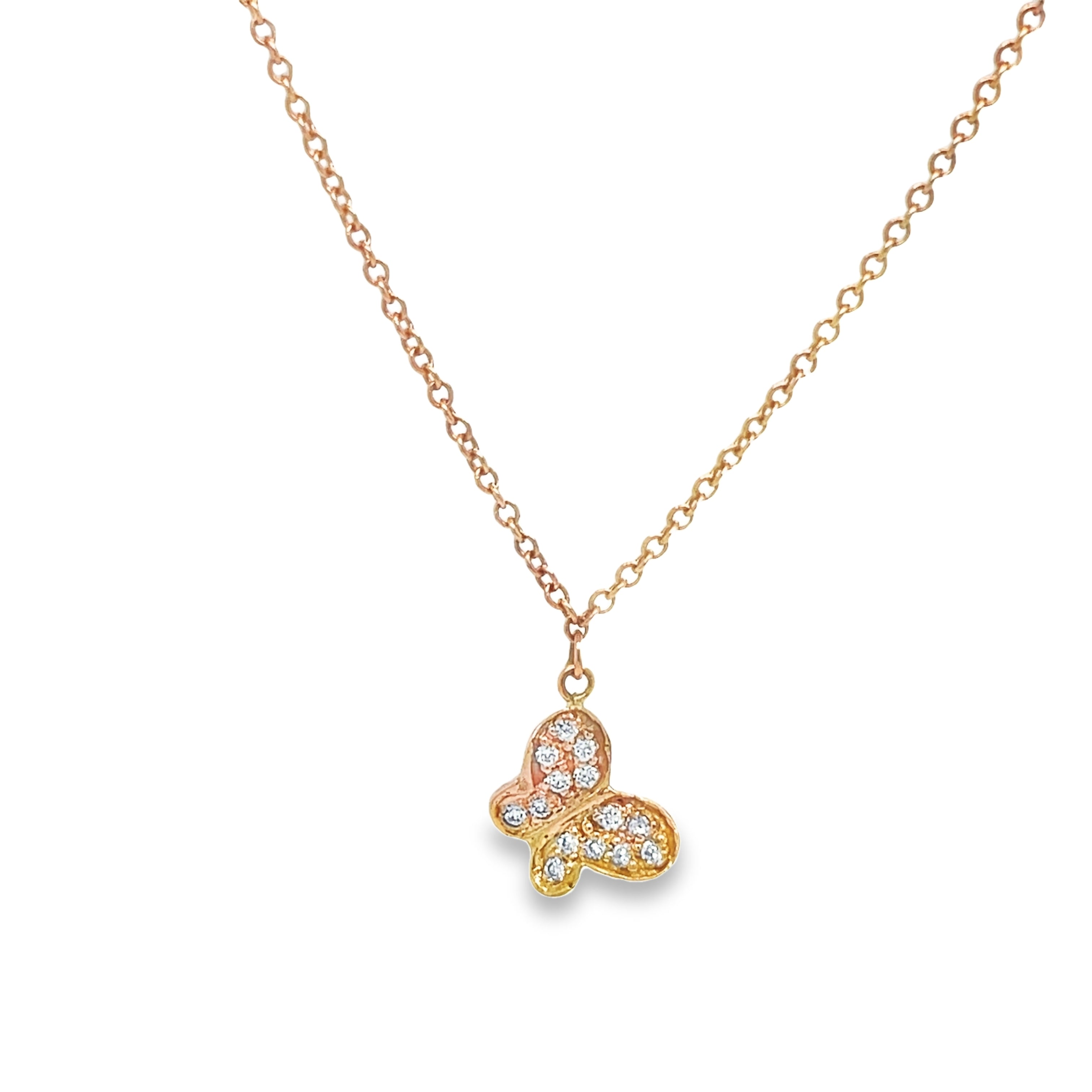 Expertly crafted with high-quality rose gold and 14k gold, this necklace features a delicate single small butterfly adorned with sparkling round diamonds. Perfectly sized at 16" long, this piece adds a touch of charm and elegance to any outfit. Elevate your style with this stunning butterfly necklace.