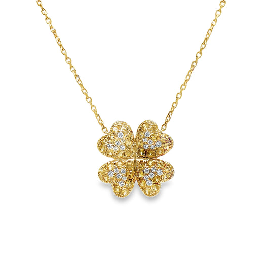 Four Petal Yellow Sapphire & Diamond Pendant Necklace Front view