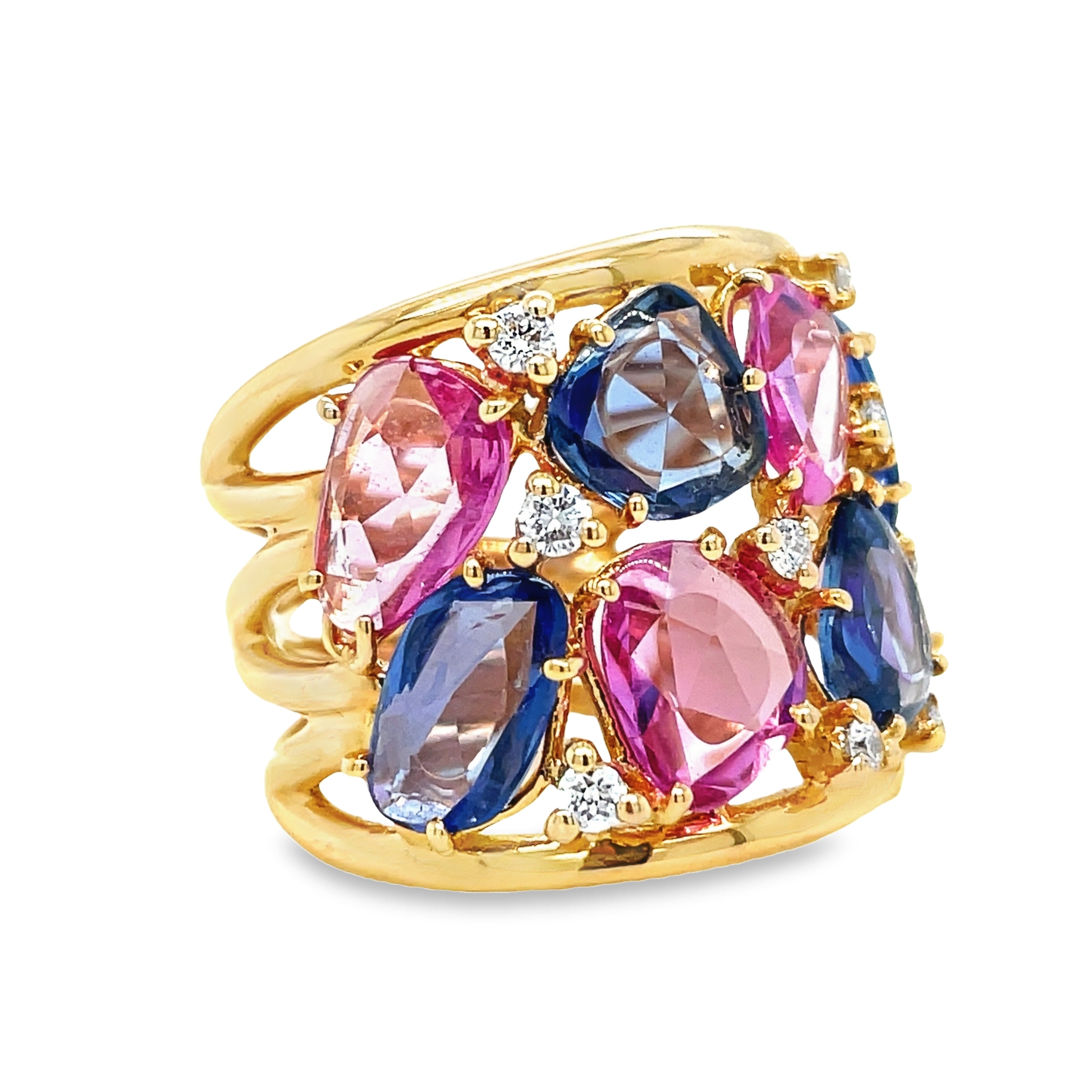 This exquisite 18k yellow gold ring boasts an array of multicolor pink and blue sapphires 8.14 cts in various sizes and shades, set off by accenting diamonds 0.27 cts for a truly luxurious look. Perfect for formal occasions or as an everyday accessory of luxury.