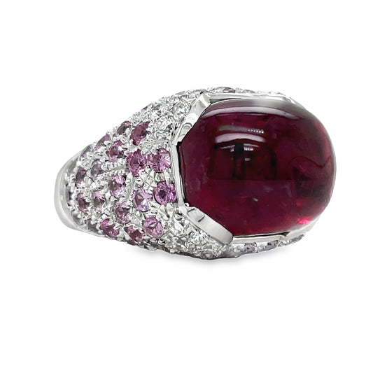 Italian Made Ruby Cabochon, Pink Topaz and Diamond Fashion Ring Side view