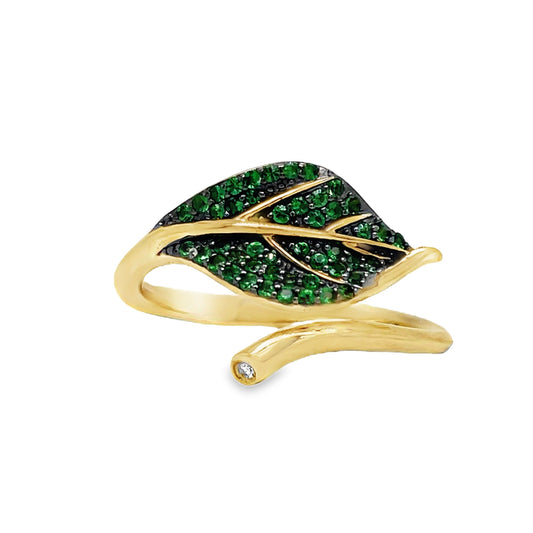 Front view of 14k Yellow Gold Tsavorite and Diamond Leaf Ring