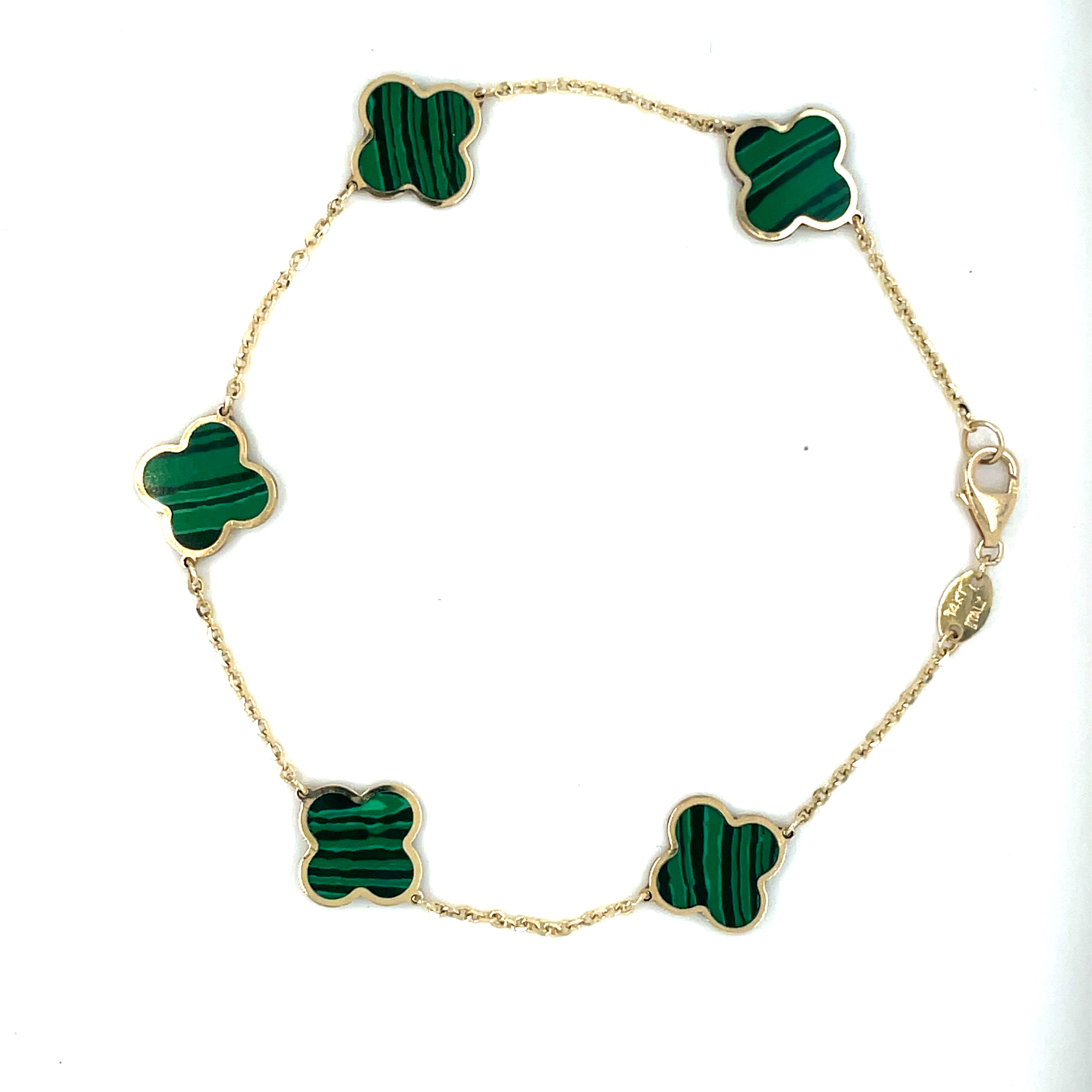This elegant 14k yellow gold bracelet features five intricately detailed malachite clovers and a secure lobster clasp. The clovers measure 9.0 mm in size and the bracelet itself exudes sophistication and style.   