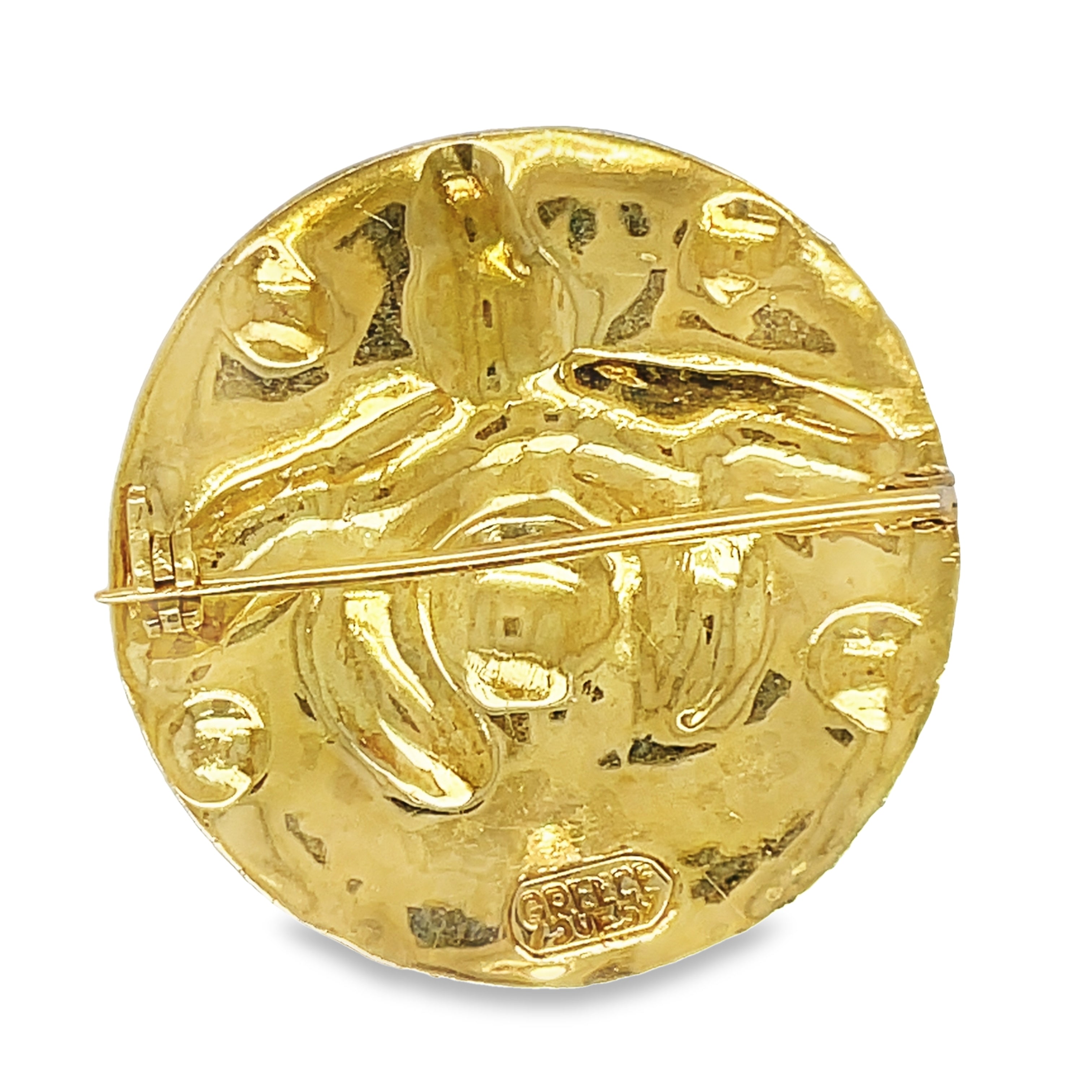 Enhance your outfit with the elegance of our Queen Bee Greek Design Yellow Gold Brooch. Made from 18k solid yellow gold, this round 1.5" pin boasts a beautiful matte finish and intricate carved design. Perfect for any occasion, embrace the queen bee within!
