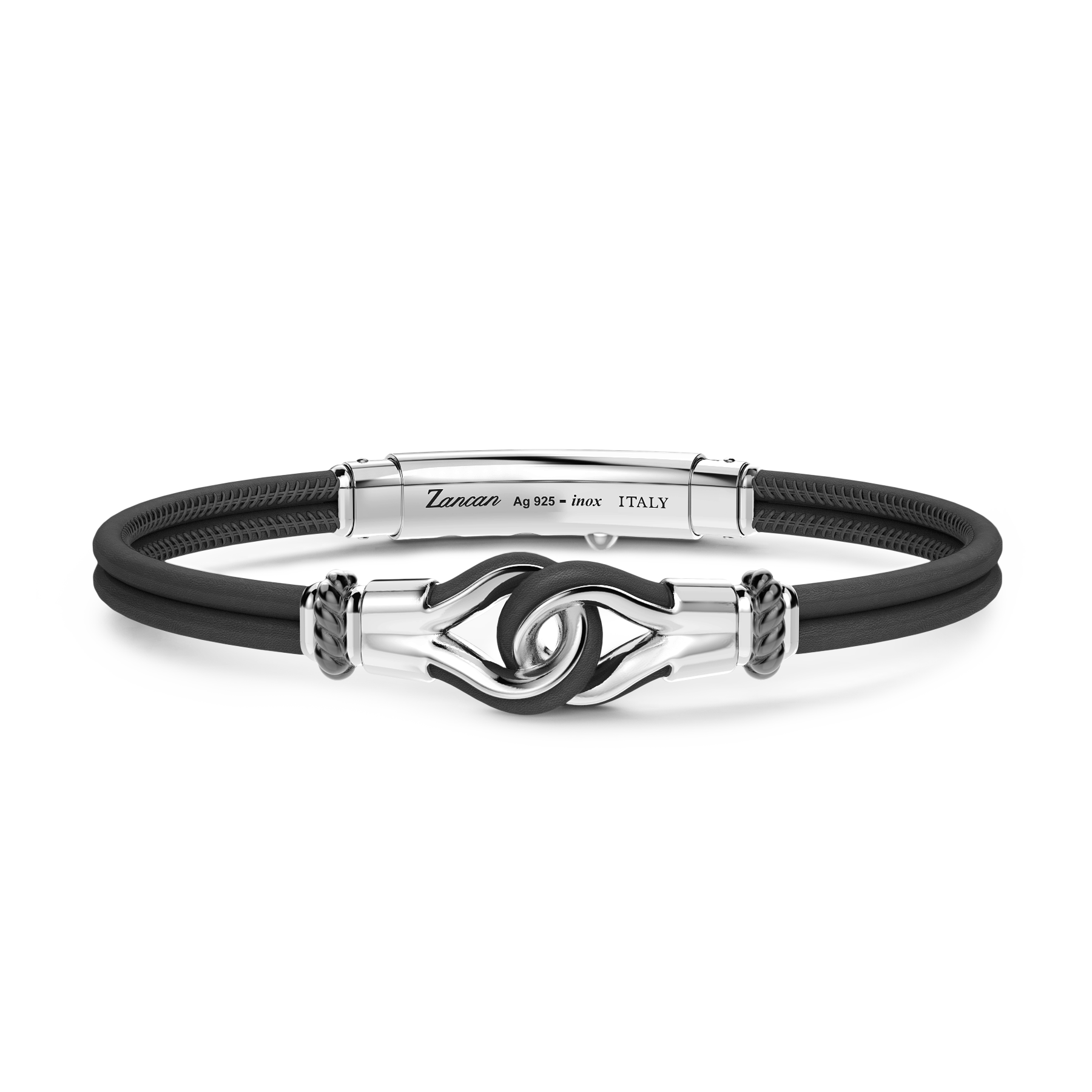 Expertly crafted in Italy, the Zancan Black Leather Sterling Silver Bracelet features a 2" nautical knot of sterling silver with a rhodium coating. The 8" long bracelet is customizable with an adjustable slide lock. Navigate in style with this timeless piece.