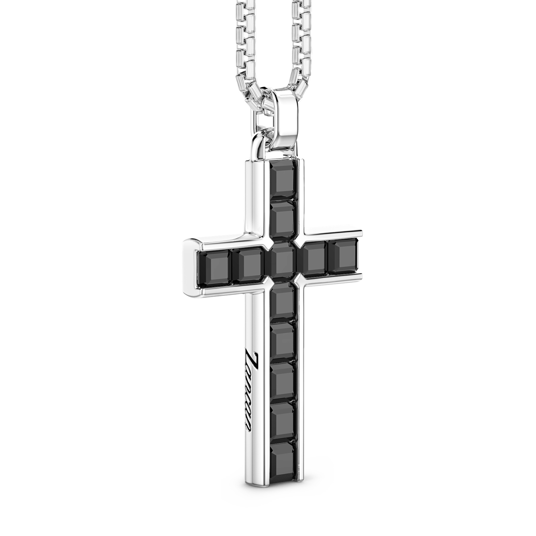This Italian made cross pendant features a unique 1.5" cross having princess cut spinel gems. The round byzantine link adds an extra touch of elegance. Show your faith with style and sophistication.