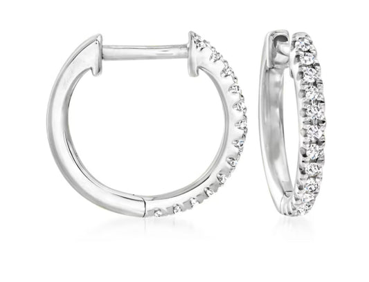 Front and side view of Diamond Huggie Hoop White Gold Earrings 0.15 cts