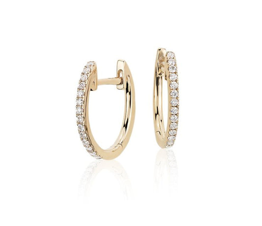 Diamond Huggie Earrings Oval Shape Yellow Gold Front and Side View