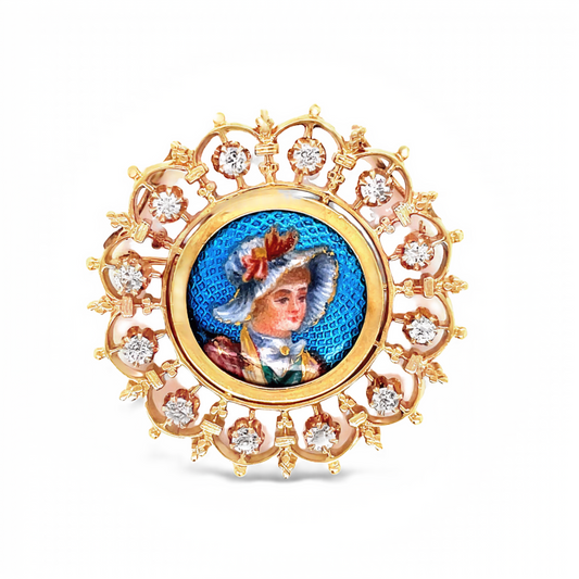 Antique Diamond Filigree Enamel Design Brooch Top view