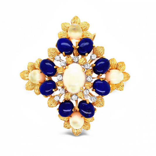 Vintage 18k Yellow Gold Lapis, Angel Skin & Diamond Brooch Top view