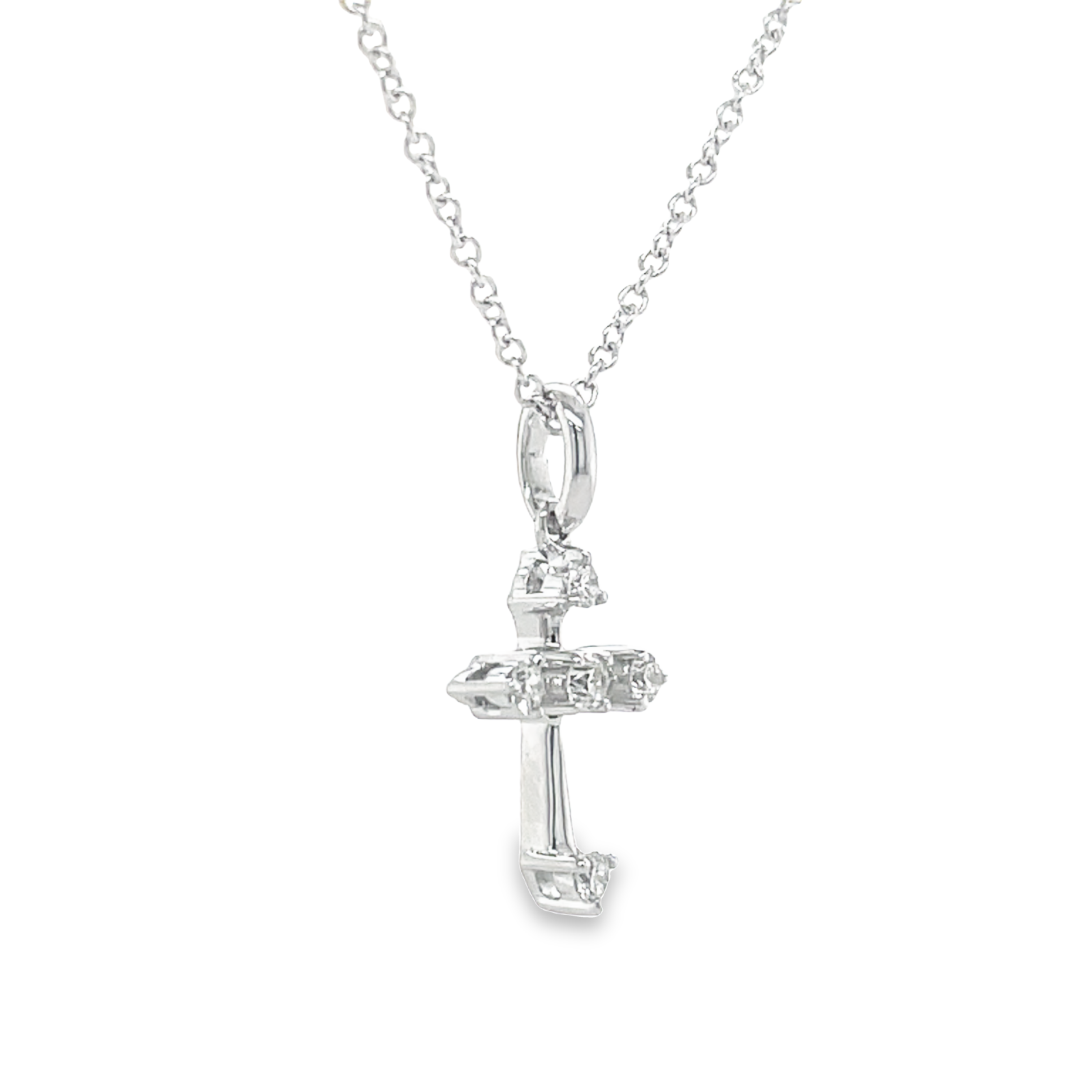 This dazzling 18k white gold cross sparkles with five round, high quality diamonds in color E/F-VS1 totaling 0.08 cts and a secure bail. An optional 1.3 mm ($299) chain is available.