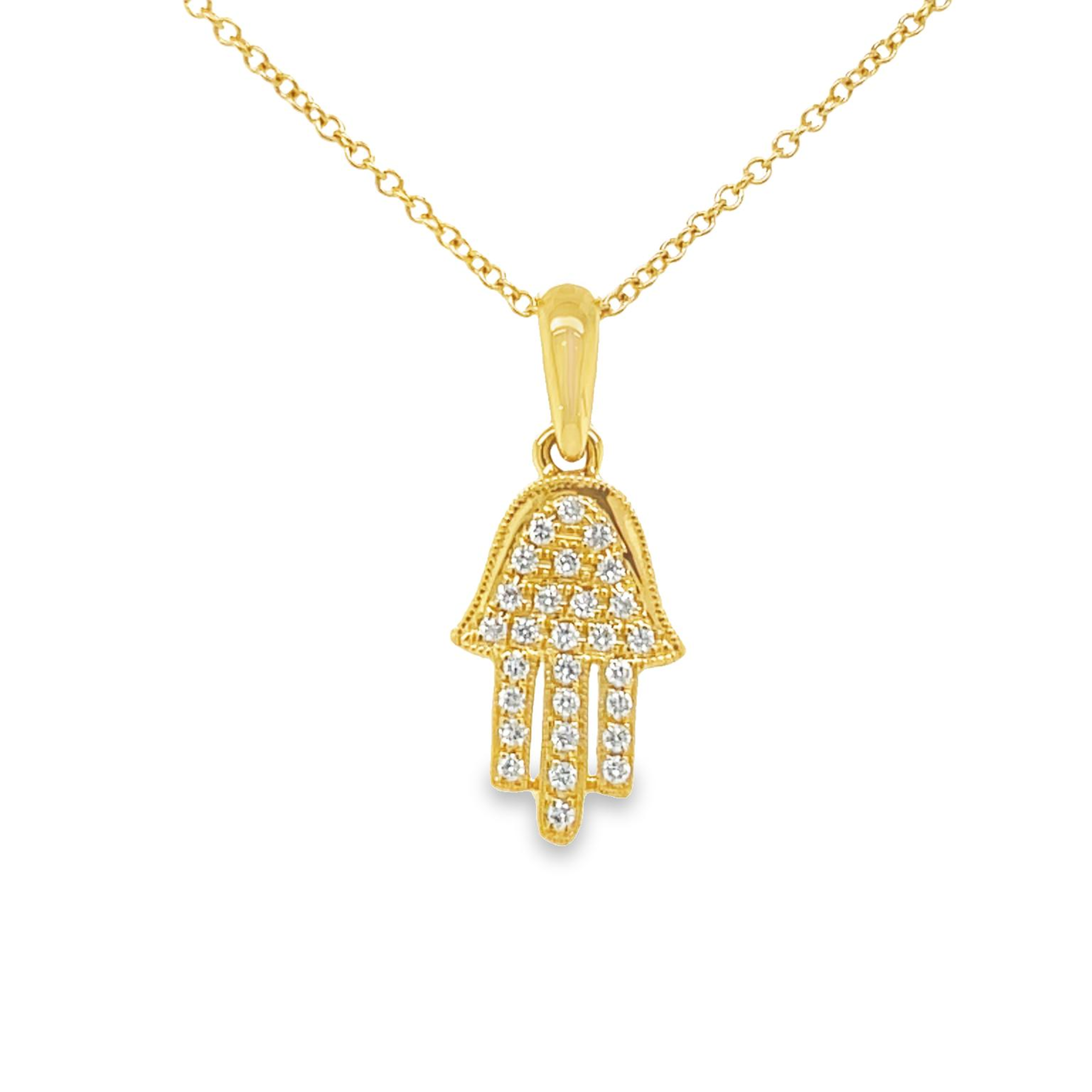 Dainty diamond necklace   Round diamonds 0.13 cts  18k Yellow Gold  18.00 mm long  16" gold chain $199 (optional)  Secure gold bail