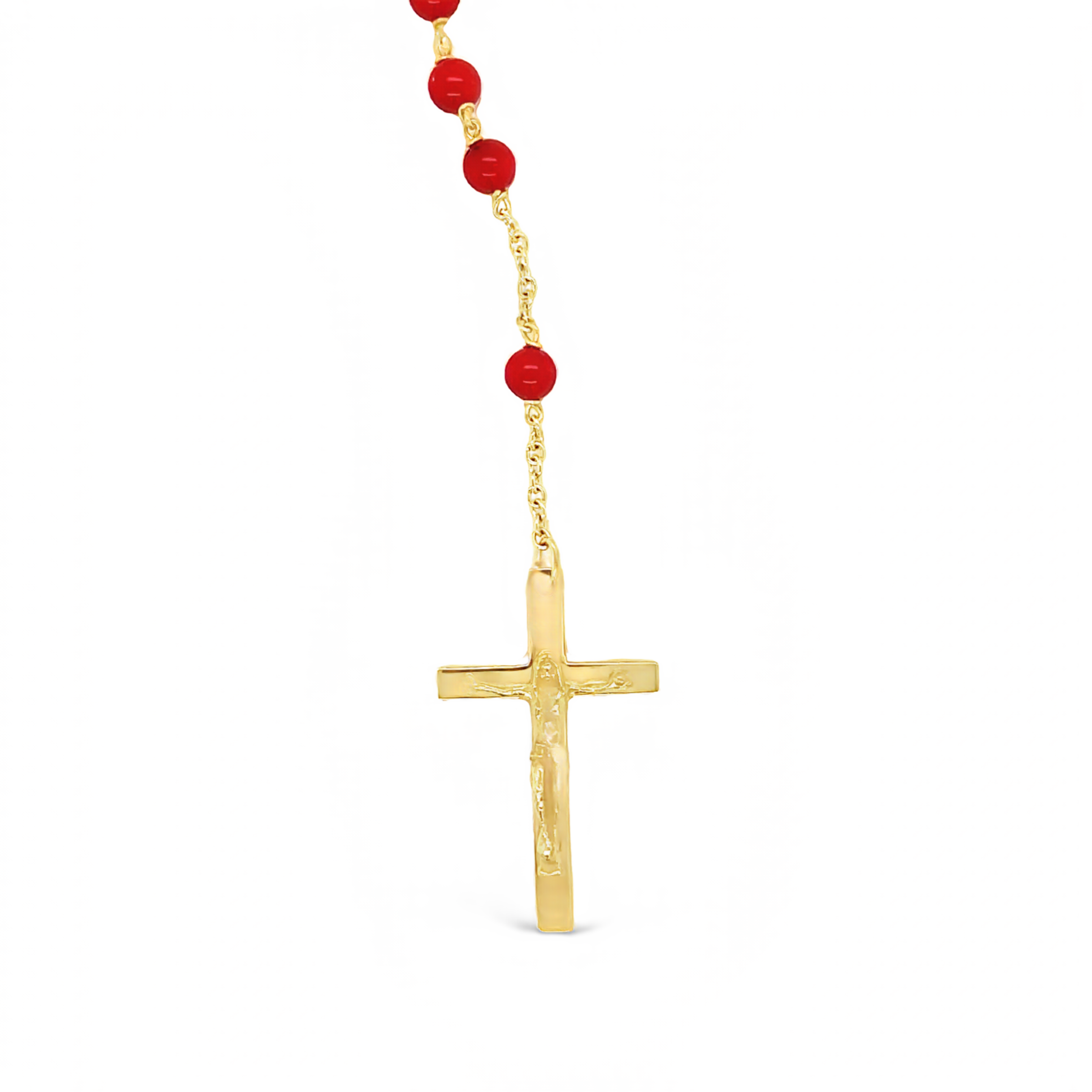 This 18k Italian Yellow Gold Coral Rosary Necklace features a 28" long chain with 4.00mm beads from Corsica, a matte finished Cross charm and a high polished crucifix. 