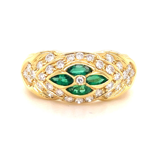 Emerald & Diamond Flower Motif Ring Front view