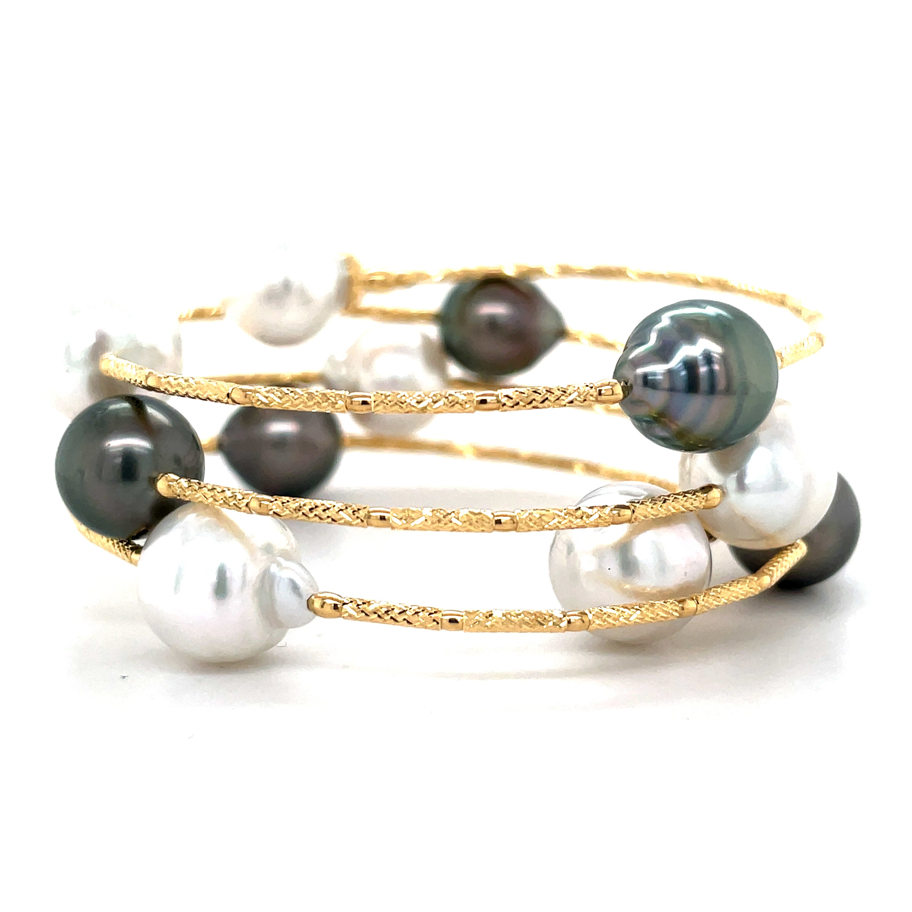 Wrap around bracelet  5 Tahitian pearls   5 South seas pearls  18k yellow gold coil  9.50 mm -11.00 mm  Easy wear & stack 