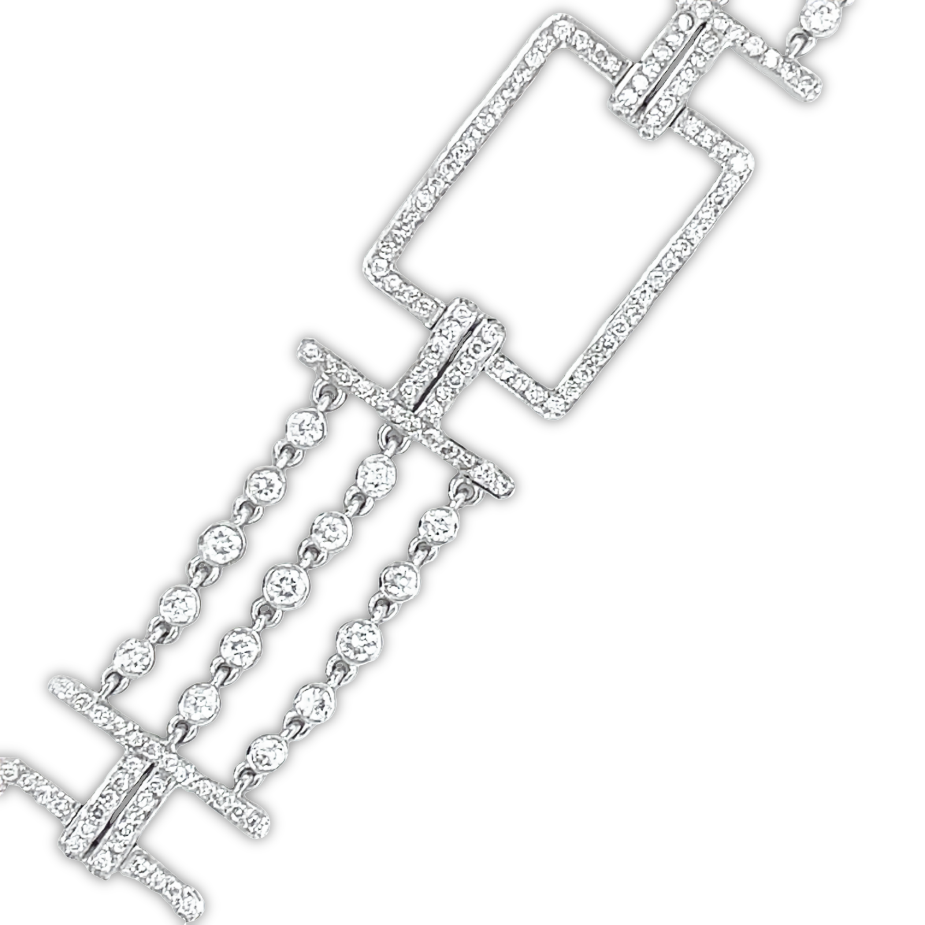 This 18K white gold bracelet features premium diamonds 2.32 cts in E/F quality, with a 0.5" width. It is 8" in length and includes a 1.5" sizing loop, secured with a lobster catch. An exquisite piece worthy of admiration.