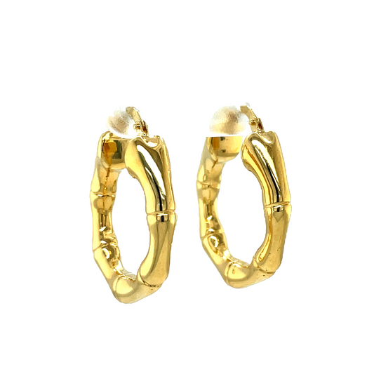 14k Italian Yellow Gold Bamboo Style Hoop Earrings Side view