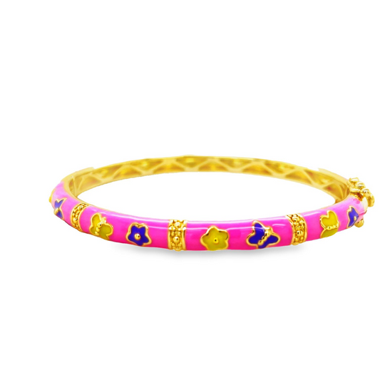 Front view of Goldplated Children Pink Bangle Top view clasp fastened