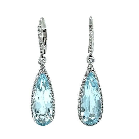 Italian Aquamarine & Diamond Pear Shape Earrings Front view