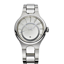 Bertolucci Serena Garbo Gent Quartz watch features nine trapezoid luminescent indexes on a rhodium-plated stainless steel case. 343-55-41-10E