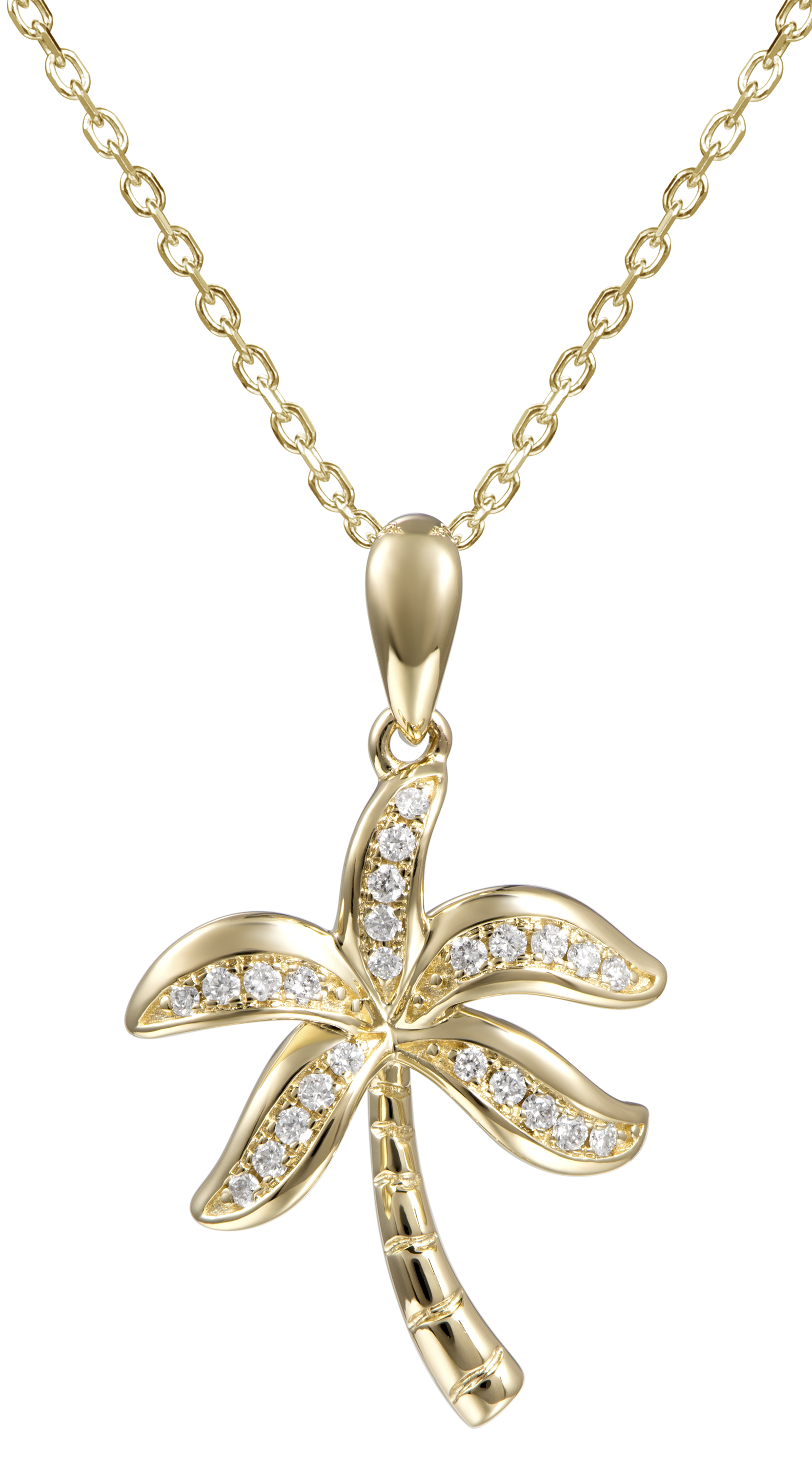 This palm tree pendant is set in14k yellow gold, features a secure bail and dazzles with 0.12 cts round diamonds. 24.00 mm (including bail). Add 1.1 mm optional chain for $199.00.