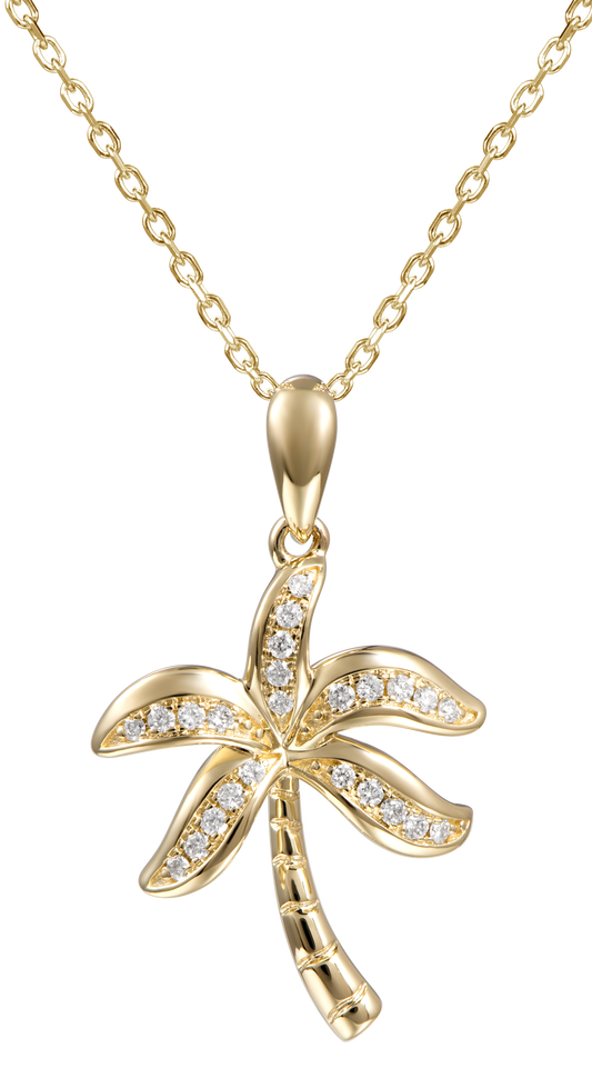 Front view of 14k Yellow Gold Diamond Palm Tree Pendant Necklace