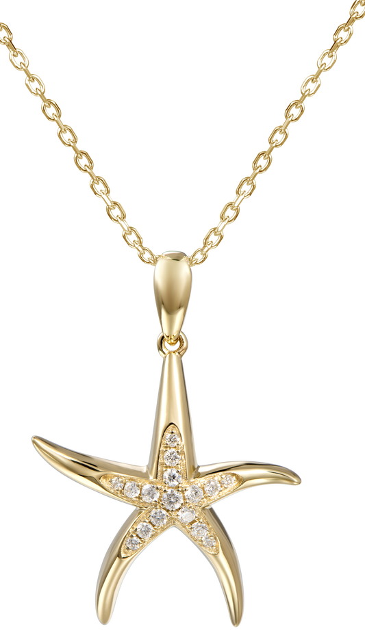 Front view of 14k Yellow Gold Diamond Starfish Pendant Necklace