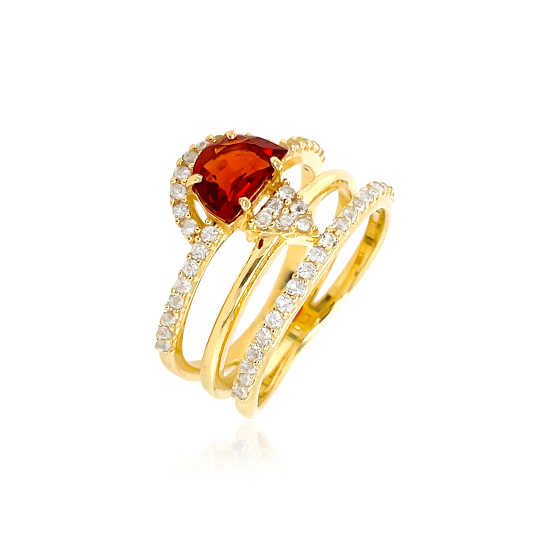 From our Brazilian collection  Round diamonds & garnet stone.  Three row ring   8.00 mm wide  18k yellow gold