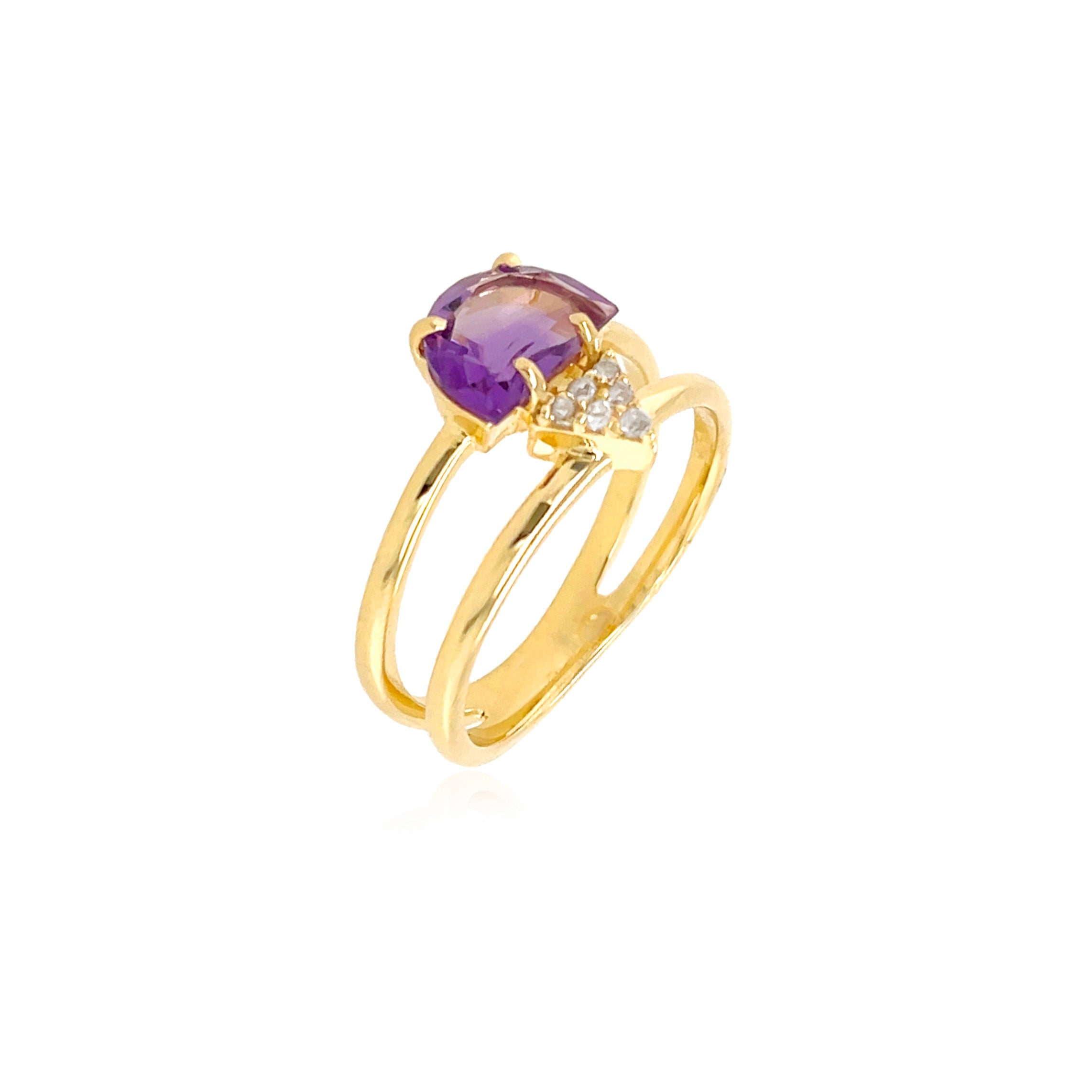 From our Brazilian collection  Round diamonds & amethyst stone.  Three row ring   8.00 mm wide  18k yellow gold