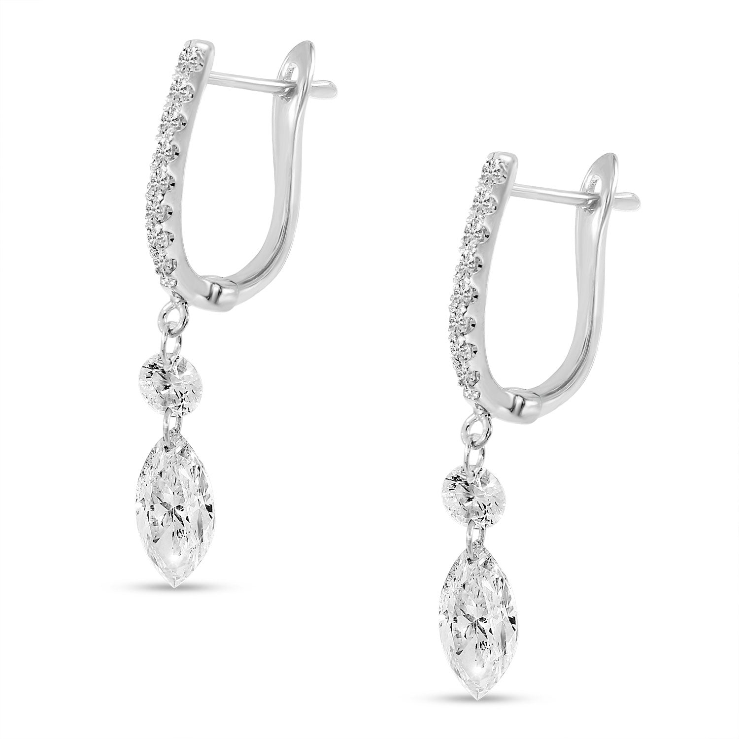 These mesmerizing diamonds sparkle and dance, ever-moving in joyful rhythms. Flawlessly set in 14k white gold, these Round graduated and fancy marquise cut diamonds total 1.13 cts. Enjoy their captivating swirls with modern lever back earrings, measuring 28.00mm in length.