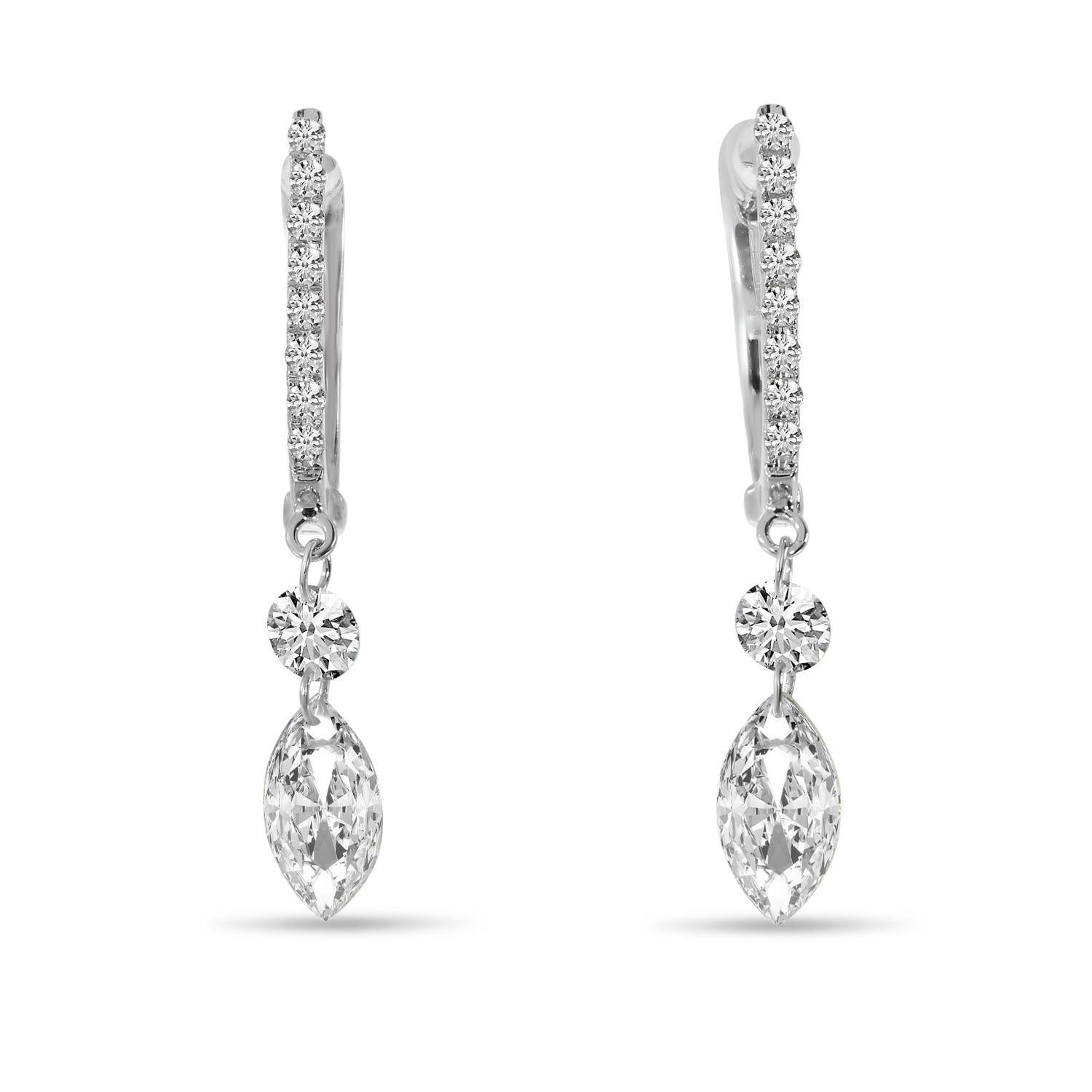 These mesmerizing diamonds sparkle and dance, ever-moving in joyful rhythms. Flawlessly set in 14k white gold, these Round graduated and fancy marquise cut diamonds total 1.13 cts. Enjoy their captivating swirls with modern lever back earrings, measuring 28.00mm in length.