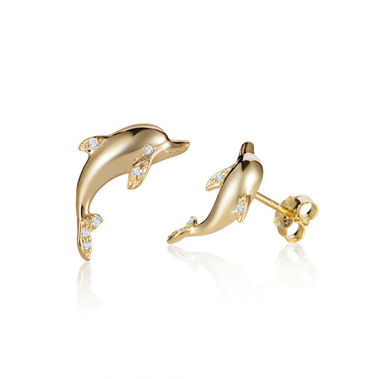 Front and Side view of 14k Yellow Gold Diamond Dolphin Earrings
