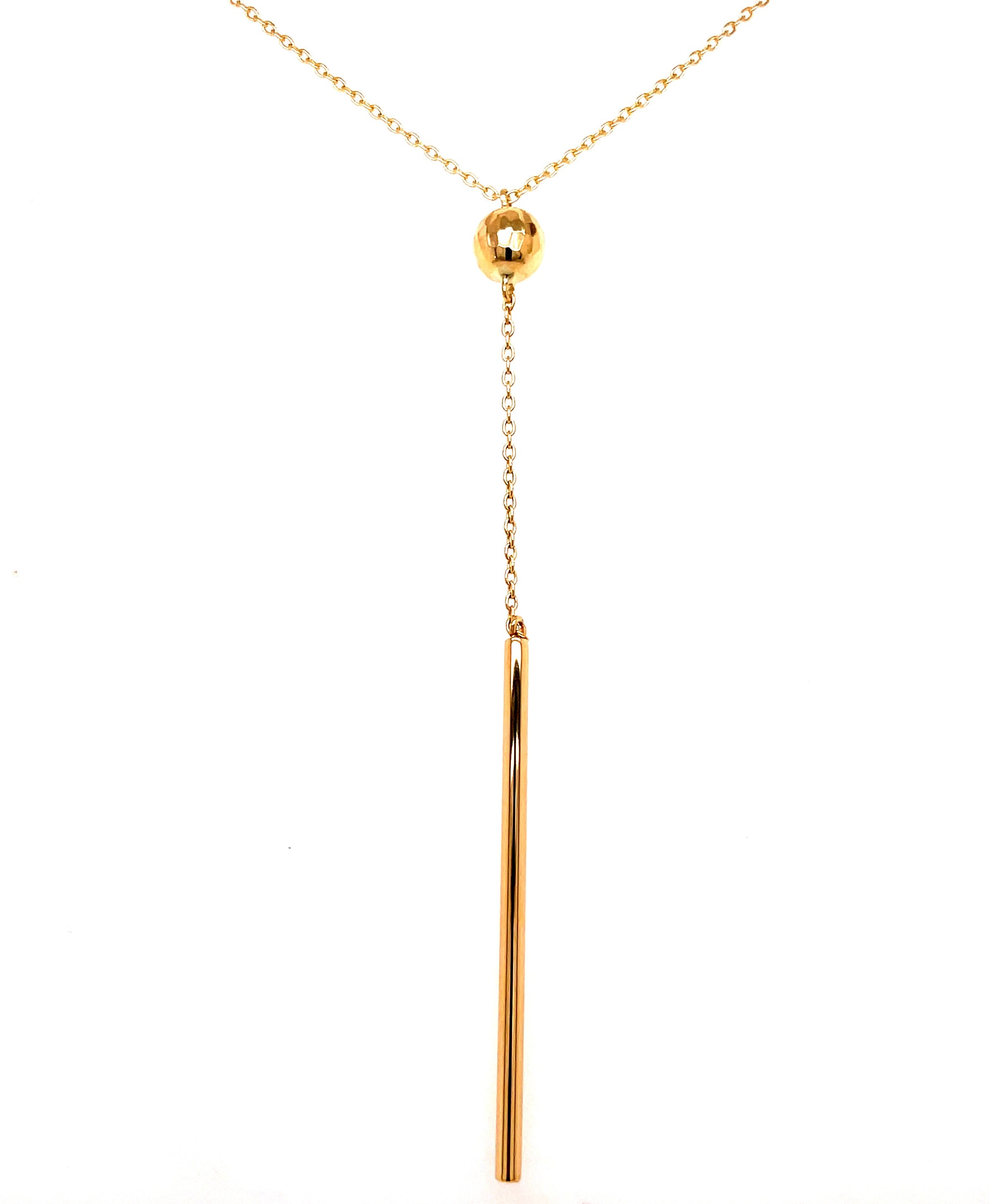 This exquisite 14k yellow gold necklace is crafted with a 1.1 mm Italian-made cable chain and a Diamond cut gold bead. A perfect length of 20", it features a sizing loop at 18" and a 3" lariat drop for a look that exudes sophistication and luxury. A solid drop bar of 1.5" inches promises a timeless addition to any jewelry collection.