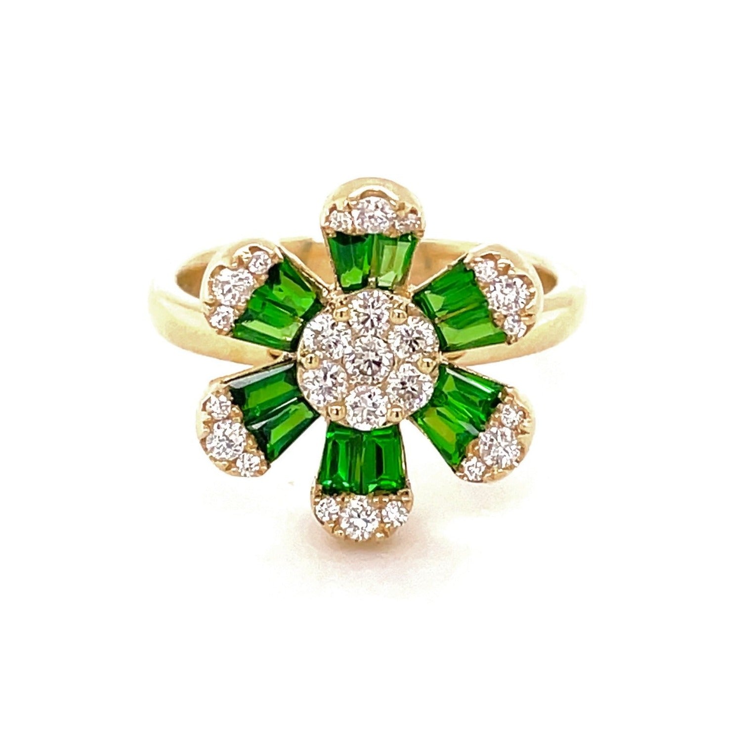 14k yellow gold  Surrounded by white round diamonds 0.44 cts   Baguette tsavorites 1.19 cts.  6.5 size (sizeable)  15.50 mm width 