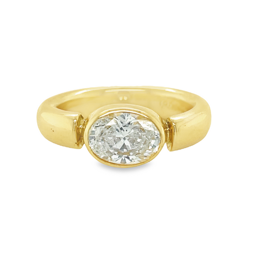 Custom made Oval Cut Diamond Horizontal Gold Bezel Engagement Ring Front view