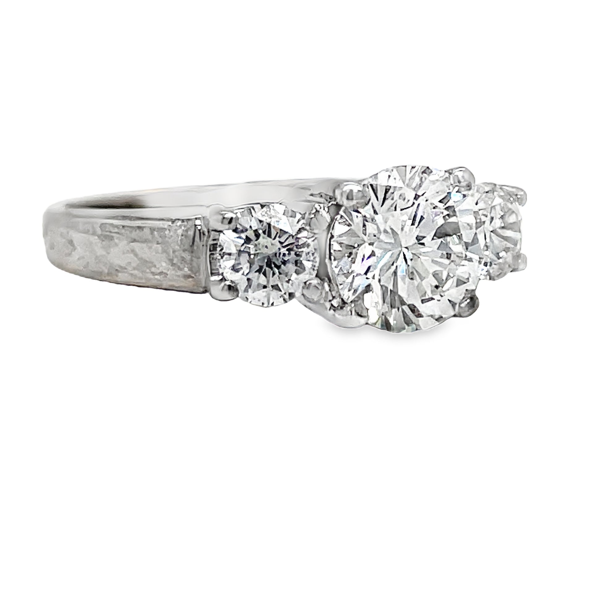 Custom made Three Stone Round Diamond Engagement Ring 1.58 cts Side View