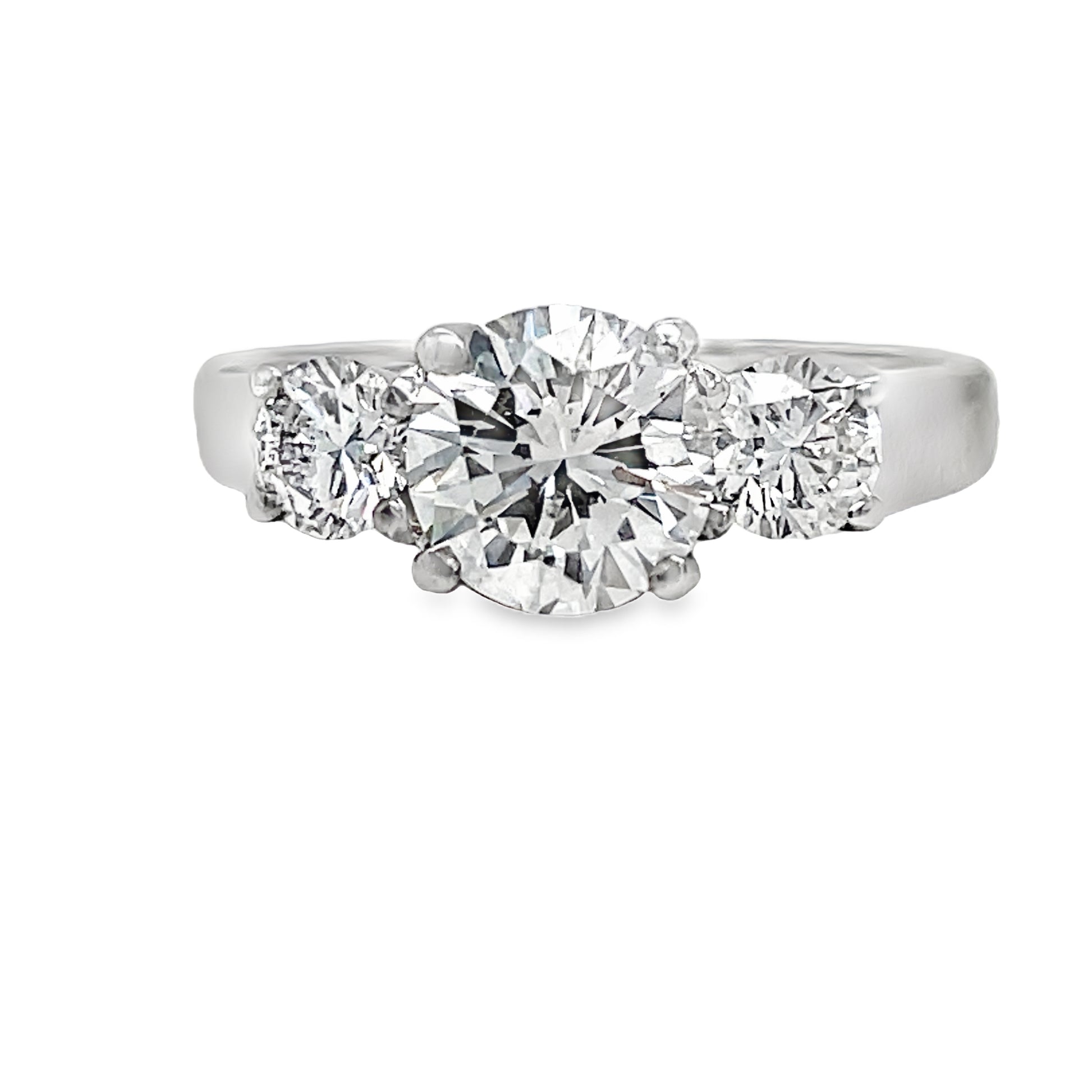 Custom made Three Stone Round Diamond Engagement Ring 1.58 cts Front View