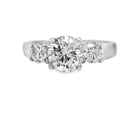 Custom made Three Stone Round Diamond Engagement Ring 1.58 cts Front View