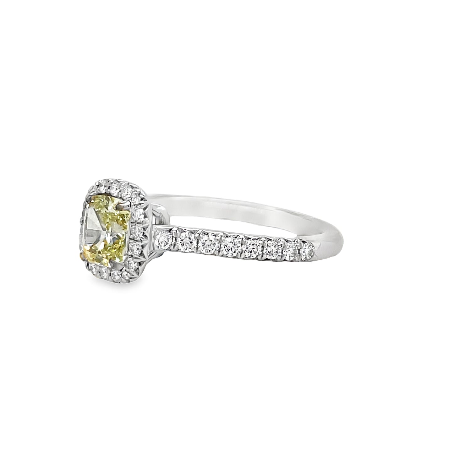 Estate Tiffany and Co. Fancy Yellow Diamond and Round Diamond Engagement Ring Side View