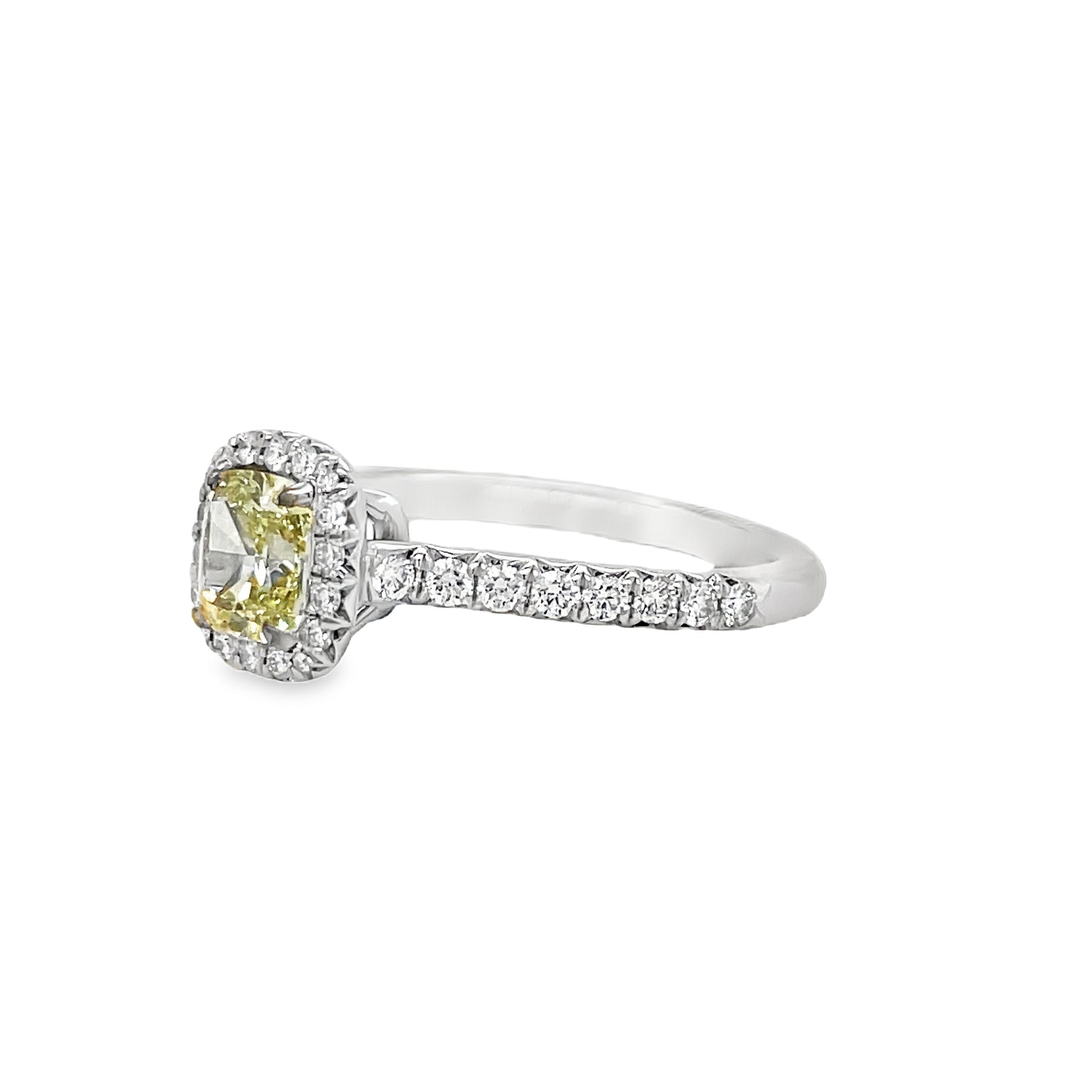 Estate Tiffany and Co. Fancy Yellow Diamond and Round Diamond Engagement Ring Side View