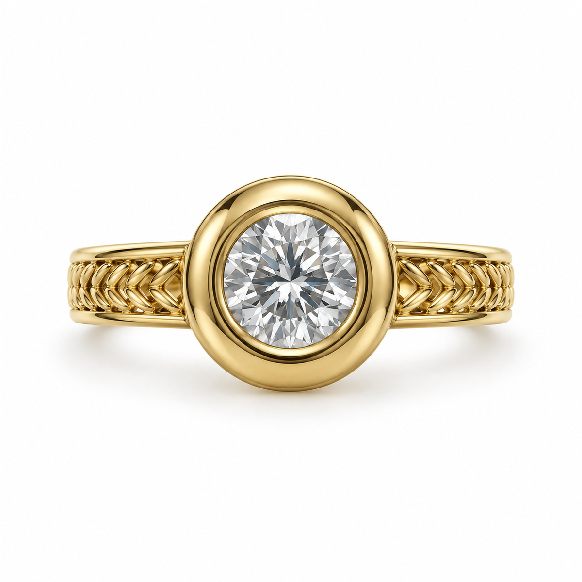 Front view of Diamond Solitaire Bezel Set 14k Yellow Gold Engraved Band 