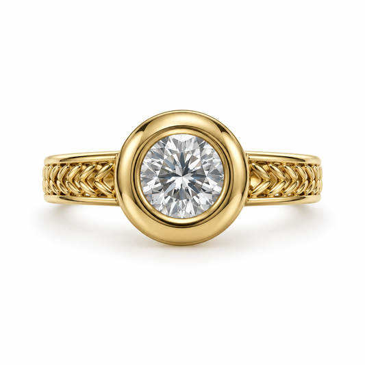 Front view of Diamond Solitaire Bezel Set 14k Yellow Gold Engraved Band 