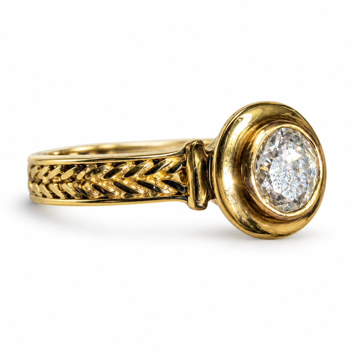 Side view of Diamond Solitaire Bezel Set 14k Yellow Gold Engraved Band 