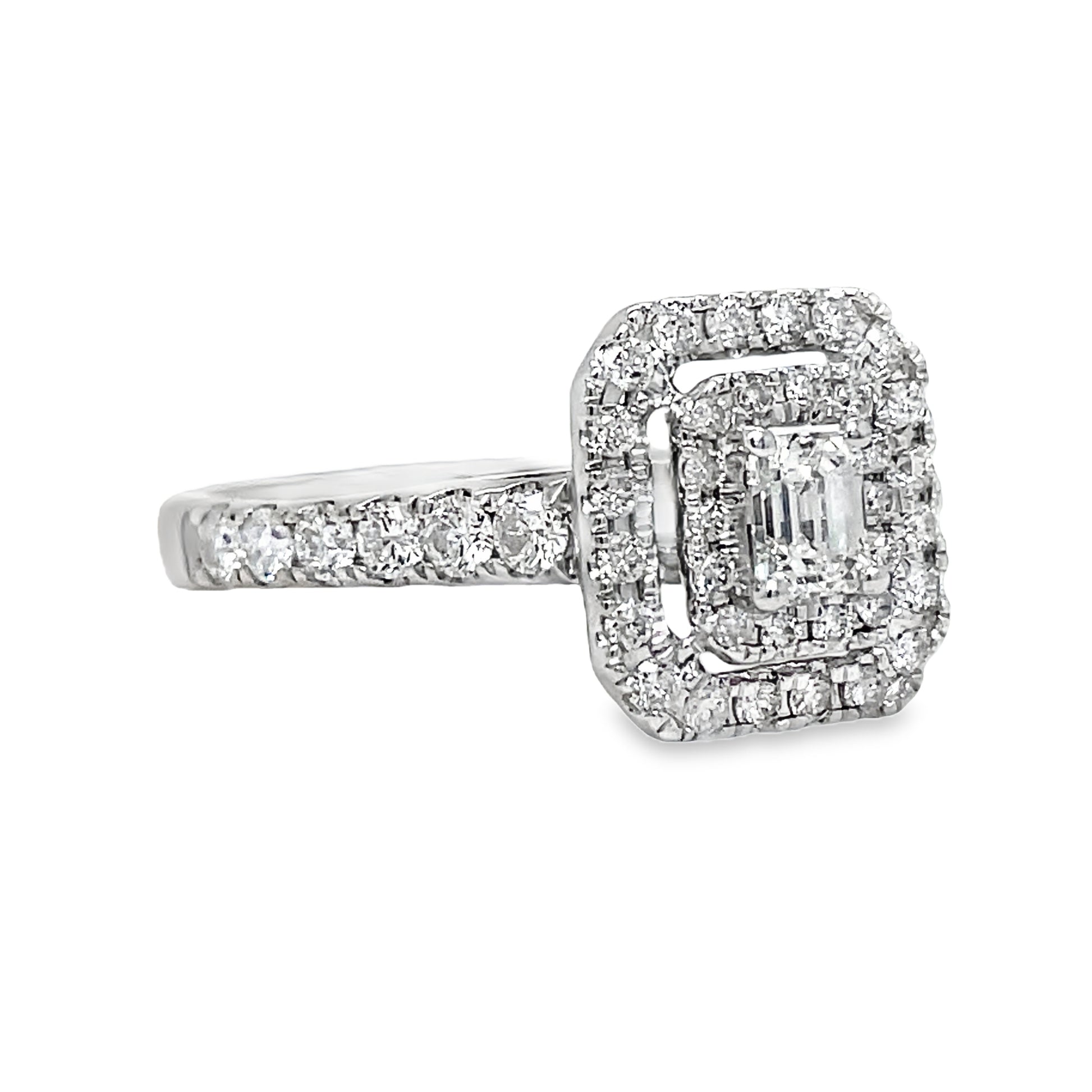 Round and Baguette Diamond Engagement Ring Side View