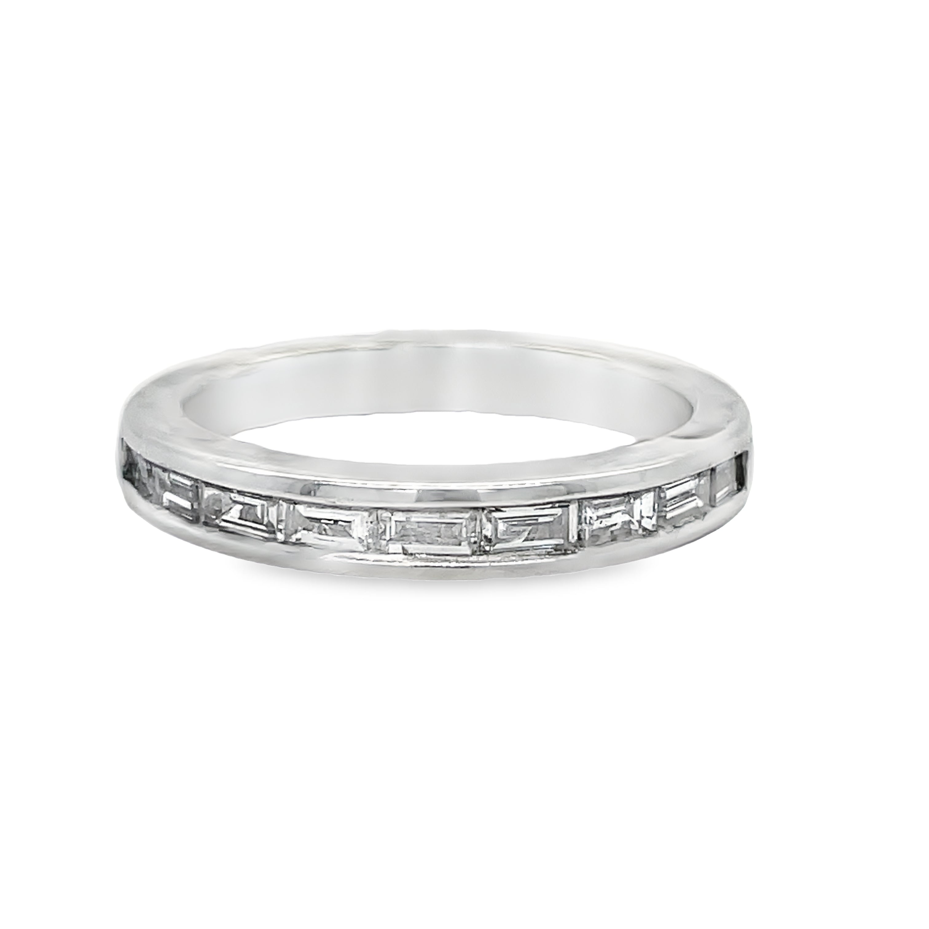 This stunning anniversary band features a channel set of sparkling baguette diamonds totaling 0.62 cts. Made of platinum, this band is both elegant and durable. Perfect for celebrating milestone anniversaries and adding a touch of luxury to any outfit.